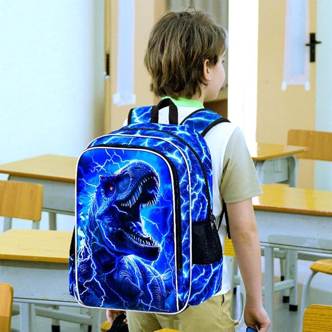 KLFVB 3PCS Boys Backpack Set, 17" Dinosaur Bookbag and Lunch Box, Water Resistant Teenagers School Backpacks for Middle Elementary - Lightning T-Rex