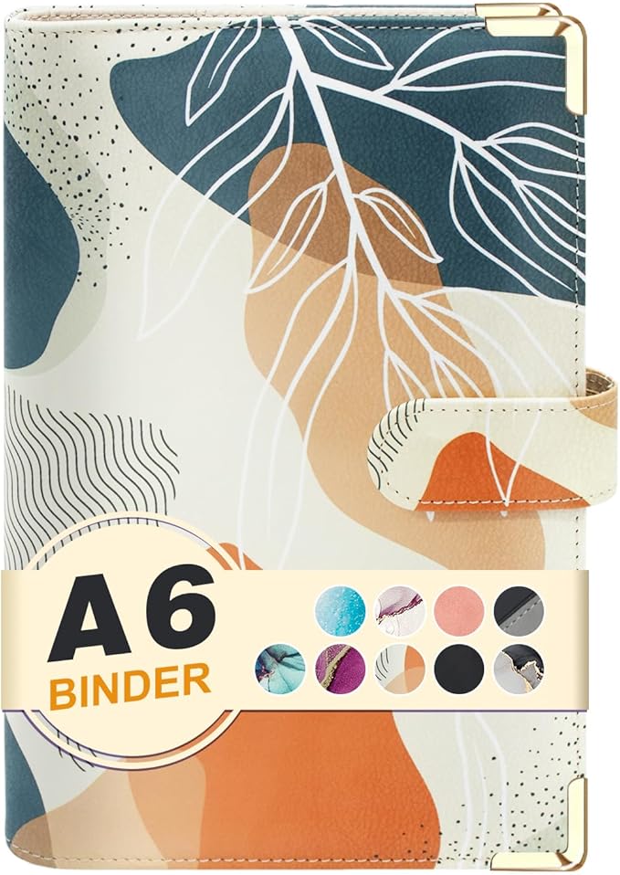 A6 Refillable 6 Ring Faux Leather Budget Binder,Mini Notebook Binder Cover for A6 Filler Paper,Loose Leaf Personal Planner Cover with Magnetic Buckle Closure (White Leaves)