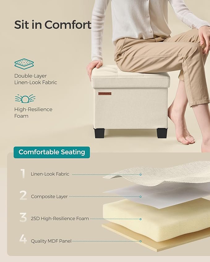 SONGMICS Storage Ottoman, Small Ottoman Foot Rest with Legs, 12.6 x 15.7 x 13.2 Inches Foot Stool, Load up to 660 lb, for Living Room, Bedroom, Dorm, Cream White ULSF012W01