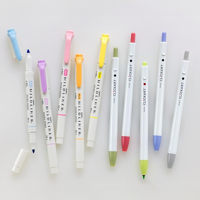 Zebra Pen - Creative 10-Pack Journaling Set - No Bleed Highlighters & CLiCKART Pens - Assorted Colors for Note-Taking, Bible Study, Bullet Journaling and Creative Planning (14010)