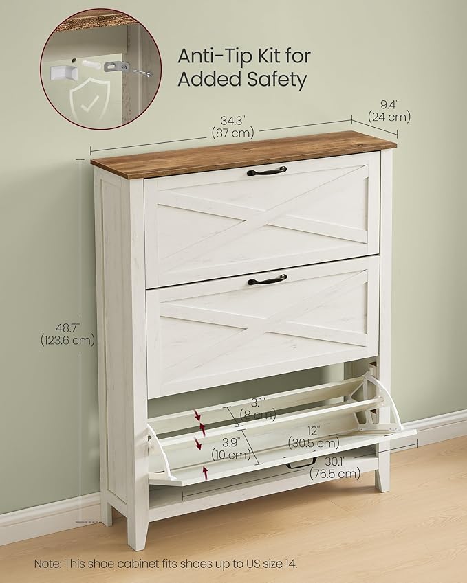 VASAGLE LIRY Collection - Shoe Storage Cabinet Organizer with 3 Flip Drawers, Freestanding Narrow Shoe Rack Cabinet for Entryway, Farmhouse Style, Fits 18 to 24 Pairs, Rustic White UHSC301W02