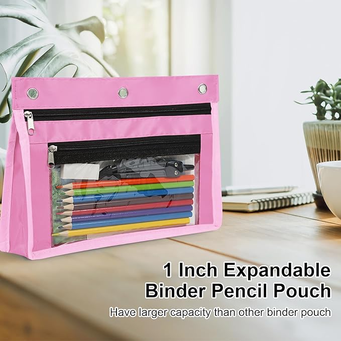 YoeeJob 6 Pack 1 Inch Expandable Zipper Pencil Pouches with Clear Window for 3 Ring Binder, Suitable for School & Office（Pink）