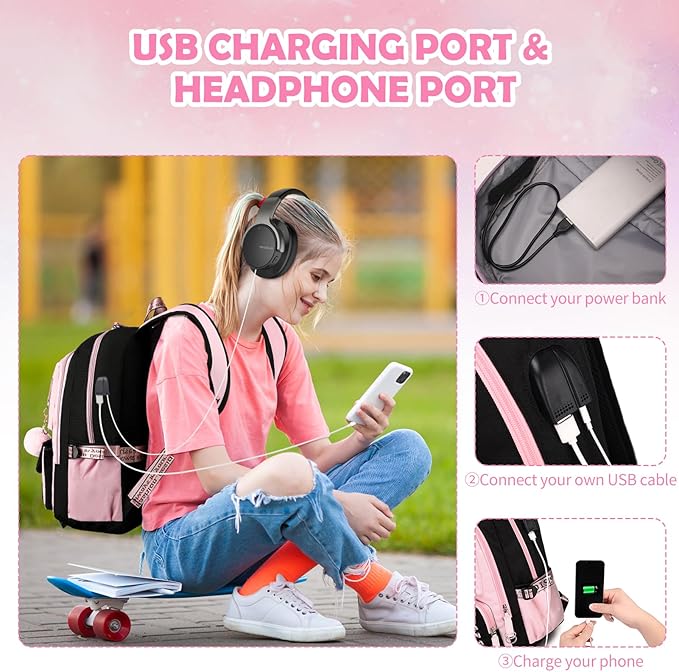 Backpacks for Girls, Girls Backpack with Lunch Box and Pencil Case for Teen Kids Elementary Middle High School College Student, Children School Backpack Bookbag with USB Charging Port (Pink)