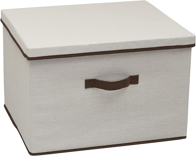 Household Essentials Wide Fabric Storage Bin with Lid, 18.5" W x 15" D, Wide-18.5", Natural and Brown