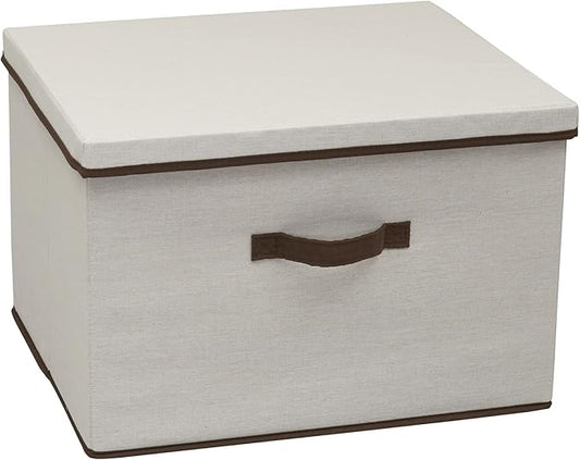 Household Essentials Wide Fabric Storage Bin with Lid, 18.5" W x 15" D, Wide-18.5", Natural and Brown