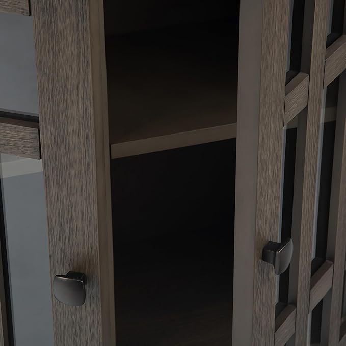 SIMPLIHOME Bedford Storage Cabinet - 32 inch Wide Solid Wood Low Media Cabinet in Farmhouse Grey, Transitional Console for Living Room, Entryway, or Dining Room with Glass Doors and Adjustable Shelves