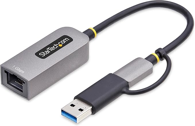 StarTech.com USB-C to Ethernet Adapter w/USB-A Dongle, 10/100/1000Mbps, USB GbE Adapter, 6in/15cm Attached Cable, Status LEDs
