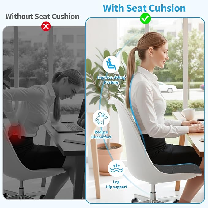 Large Seat Cushion，Soft Foam Cushion for Long Sitting Hours on Office Chair, Home & Car, Non-Slip Chair Pad for Relieving Back & Sciatica & Hip & Coccyx Pain (Grey)