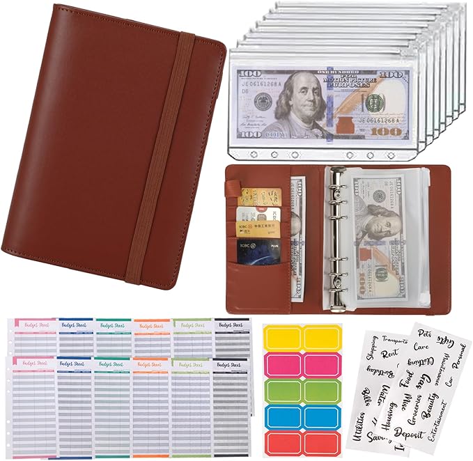 NICOOTHBudget Binder Cash Envelopes A6 Money Saving Binder with Zipper envelopes (A6 Brown)