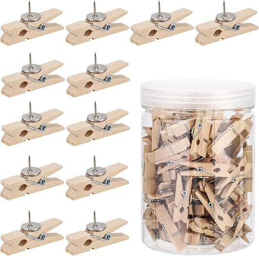 100Pcs Push Pin with Wooden Clips Tacks for Cork Board Artwork for Bulletin Board Crafts Arts Projects Photo Supplies(Wood Color)