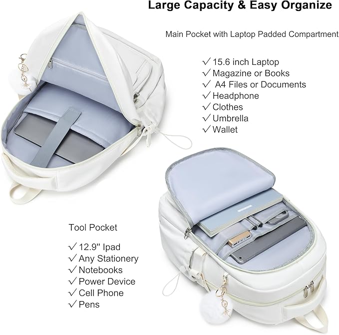 School Bag for Teens Girls,Girls Backpack Set,3 PCS Kids Backpack for Women,15.6 Inch Laptop Middle High School College Student Casual Travel Daypack with Lunch Box Pencil Pouch Set(Beige)
