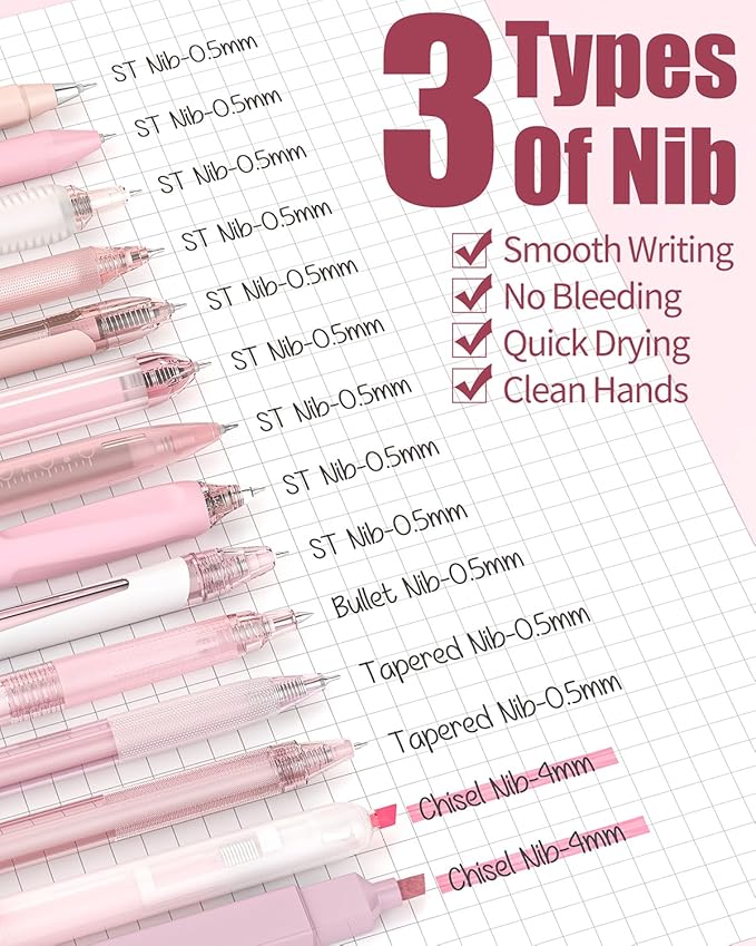 Four Candies Writing Ink Pens with Black & Pink Ink and 2Pack Highlighter, Cute Retractable 0.5mm Smooth Writing Pens,Pink Pens for School, Office Girly Stationery Aesthetic Desk Accessories Set of 14