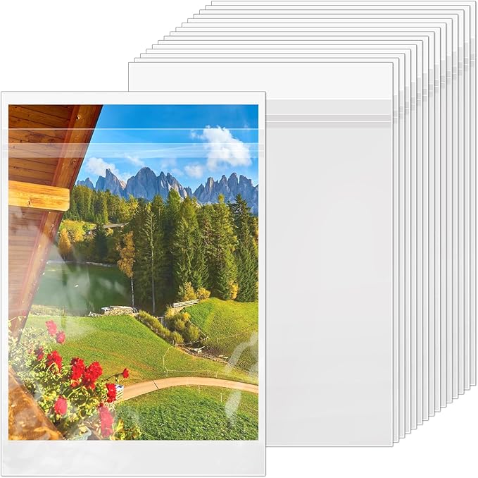 100 Pack 9 3/8 x 12 2/5 inches Crystal Clear Sleeves Storage Bags, Self Sealing Cellophane Bags Magazine Sleeves Protectors for 9x12 Photo Mats Art Prints Drawings