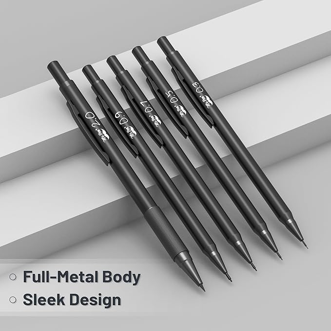 Mr. Pen- Metal Mechanical Pencil Set with Lead and Eraser Refills, 5 Sizes, Black, 0.3, 0.5, 0.7, 0.9, 2mm, Drawing Mechanical Pencils, Mechanical Pencil Metal, Drawing Pencils Mechanical