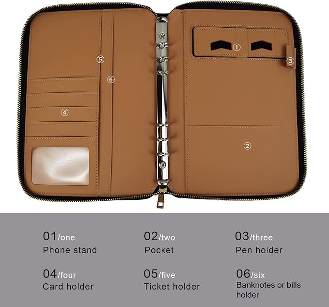 A5 Binder Case PU Leather Portfolio Budget Binder Refillable Notebook Planner Cover with Zipper 6 Rings Money Document Organizer for Business Interview (Blue)