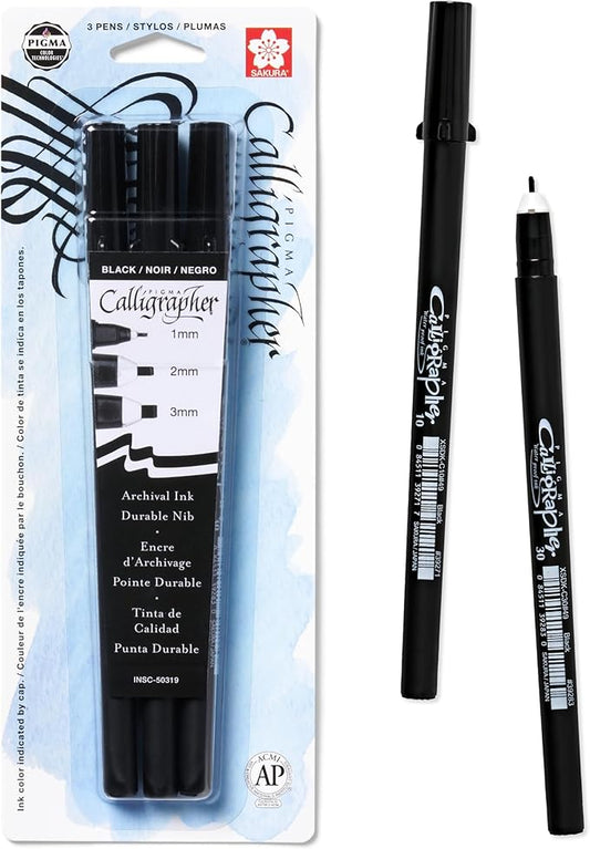 SAKURA 50319 3-Piece Pigma Blister Card Calligrapher Pen Set, Black