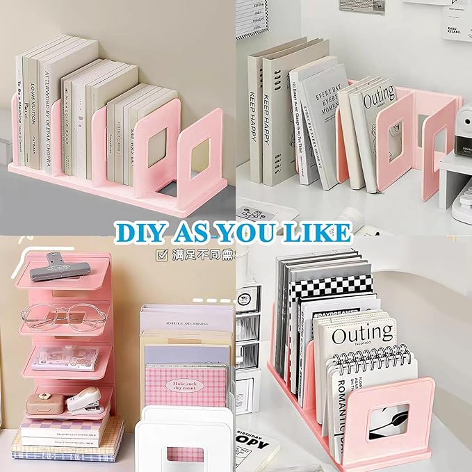 SAYEEC Desk File Sorter Vertical Desktop File Folder Organizer 4 Section Plastic Book Holder Adjustable Shelf Dividers Closet Purse Handbag Mail Binder Organizer Magazine Rack Stand Bookshelf (Pink)