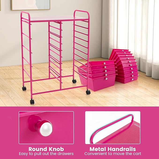 COSTWAY 15 Drawer Rolling Storage Cart, Mobile Utility Cart with Lockable Wheels, Drawers, Multipurpose Organizer Cart for Home, Office, School, Hot Pink