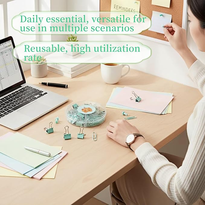 45 Pcs Metal Binder Clips Set with Pushpins,Cute Green Desk Supplies Multi-Size Binder Clips,Glossy Tacks, and Reusable Paper Clips.Portable case for School/Office.Perfect Green Desk Accessory Gift