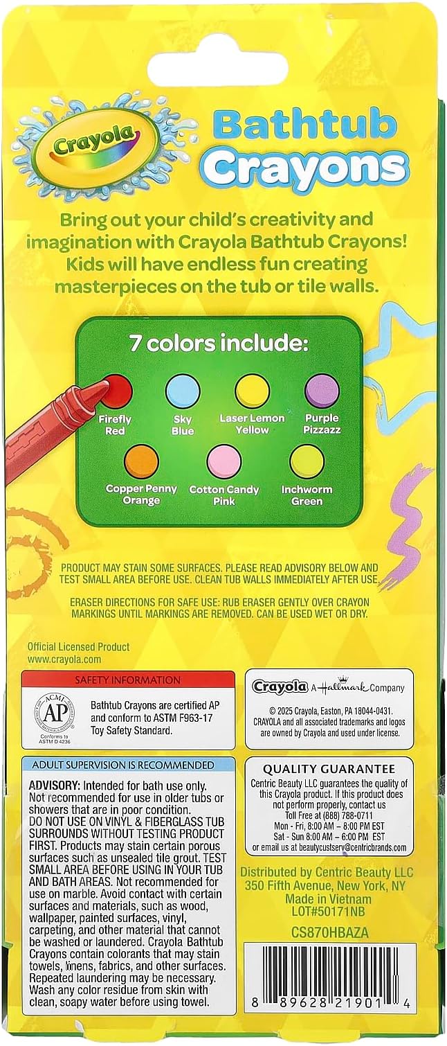 Crayola Bathtub Crayons 7 Pack + Eraser, Washable Tub Coloring Kit & Easy Cleanup Eraser, Firefly Red, Sky Blue & More Favorites, Gift for Creative Kids