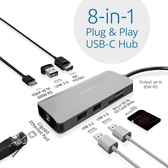 Kensington UH1400P 8-in-1 USB-C Hub with 85W Pass Through Charging Power Delivery, 4K 60Hz HDMI, Ethernet, MicroSD Card, 3 USB-A 3.2 for M1 /M2 Macbook Pro Air, HP, Lenovo, iPad Pro, Silver (K33820WW)