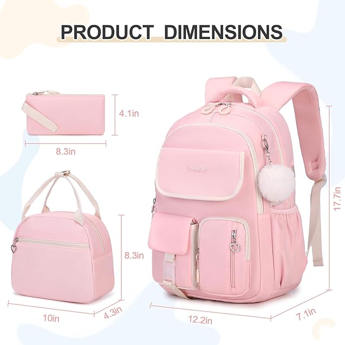 Backpacks for Girls, 3PCS School Backpack with Lunch Box Pencil Pouch for Teen Girls Kids Elementary Primary Middle High College School Bookbag Set （Pink）
