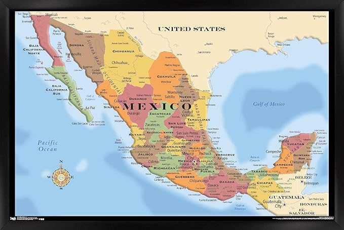 Trends International Map - Mexico Wall Poster, 14.725" x 22.375", Black Framed Version