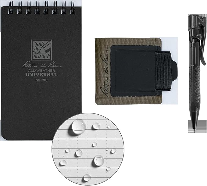 Rite in The Rain All-Weather Monsoon Adhesive Pen and Card Holder Kit, Black 3” x 5” Top-Spiral Notebook, and All-Weather Black Bolt-Action Pen (No. PH2-KIT)