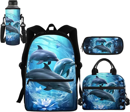 4 IN 1 Adorable Dolphin Backpack for Girls School Bag with Insulated Lunch Box Pencil Case Boys Water Bottle Sleeve Kids School Backpacks Elementary Kindergarten Preschool Bookbag