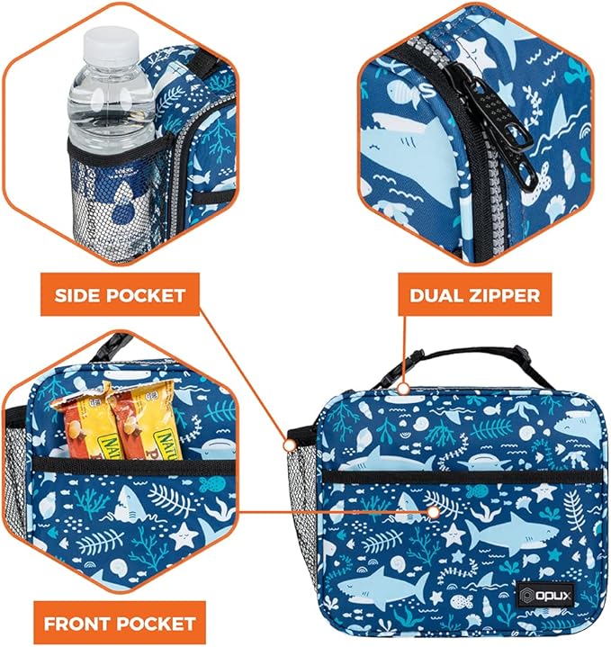 opux Insulated Lunch Bag Kids, Lunch Box for School Boy Girl, Leakproof Small Reusable Compact Soft Mini Cooler Bag, Toddler Small Lunch Boxes Kit Pail with Front Side Pockets (Blue Shark)