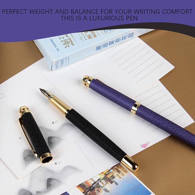 fountain pen-Multiple color styles with rhinestone,diamond inlay and frosted finish,Cute pens,Luxury pen,Office pens,Best pen set,Includes 10 Ink Cartridges and Ink Refill Converter(Purple)