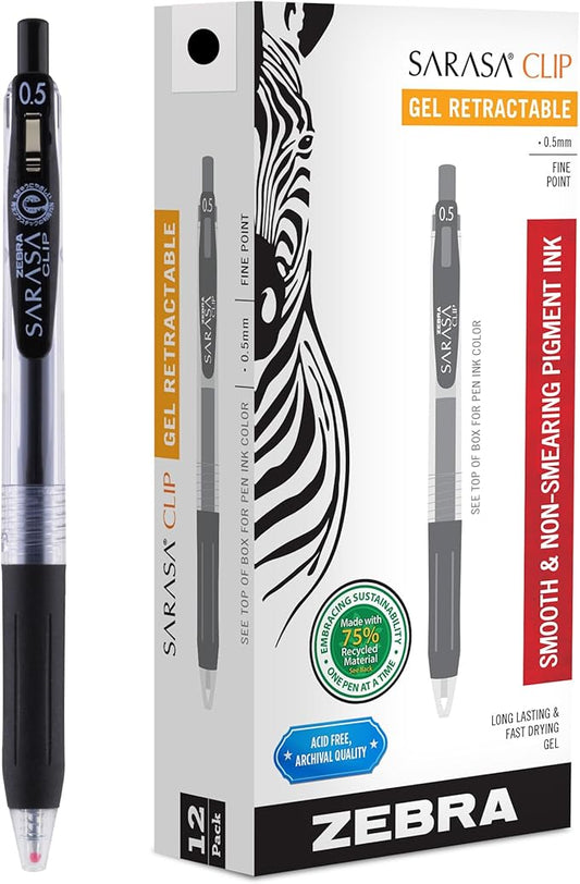 Zebra Pen Sarasa Clip Recycled Retractable Gel Pen, 0.5mm Fine Point, Black Ink, Water-Based, Ideal for Office and School, Journal, Note Taking and Planner Use, 75% Recycled, 12-Pack (47310)