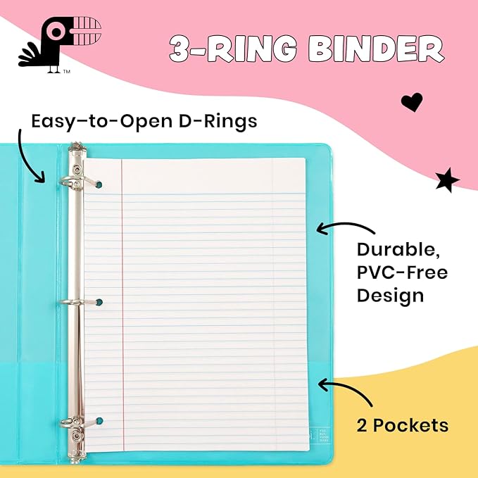 Yoobi 3 Ring Binders - 1 Inch Binder with Round D Rings and 2 Pockets, Durable, PVC-Free Organizer with 220 Sheets Capacity, 4- Pack with Plastic Cover for Office Supplies – Palm Leaves