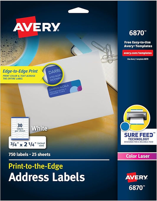 Avery Print-to-The-Edge Printable Address Labels, 0.75" x 2.25", Matte White, Sure Feed Technology, Laser & Inkjet Printable, 750 Blank Labels, Great for Mailing, Branding, and More (6870)