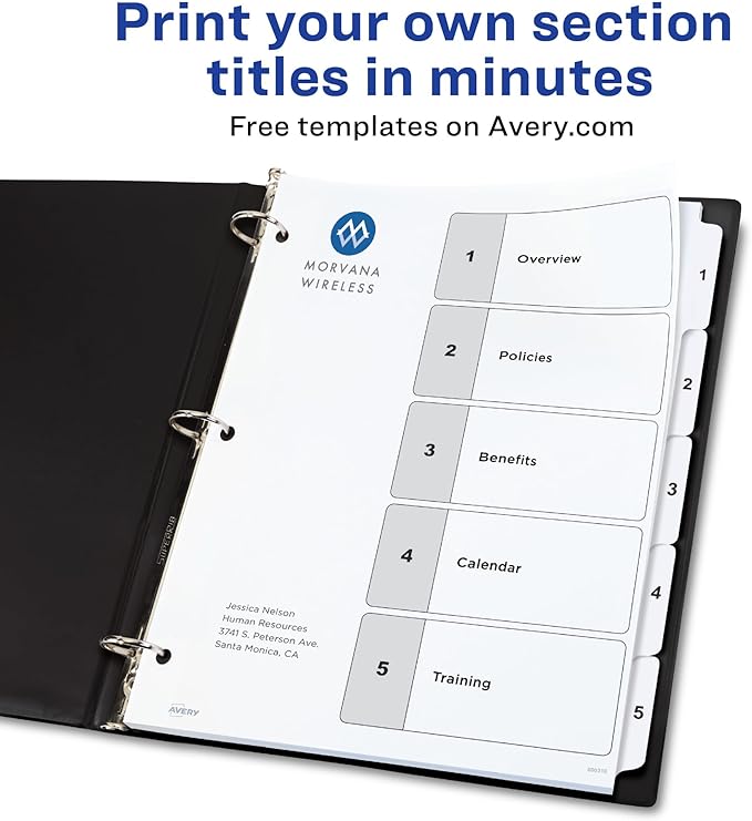 Avery Dividers for 3 Ring Binders, 5 Tabs per Set, Customizable Table of Contents, Classic White Tabs, Great for Organizing Reports, Projects, and More (6 Sets of 11821) (Pack of 12)