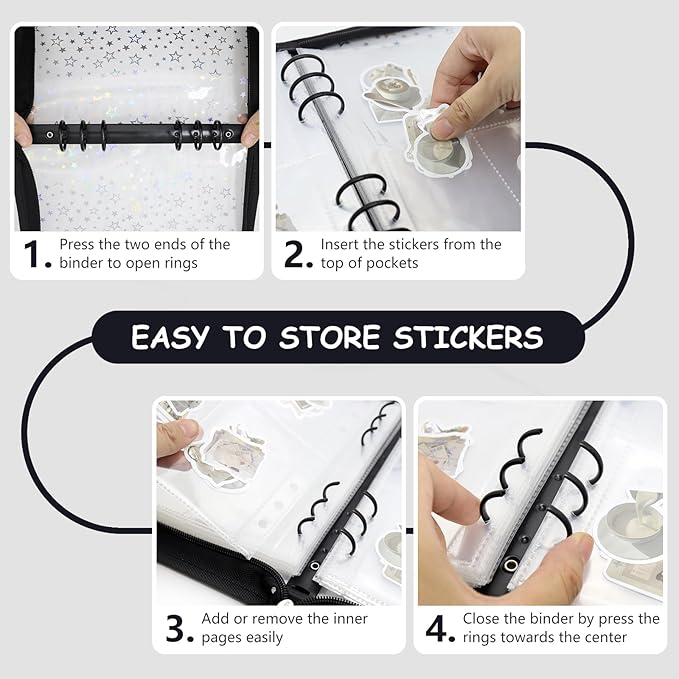 Sticker Storage Organizer Binder A5 Sticker Collecting Book Reusable Zipper Album with Clear Laser Star Cover and Pocket Pages (Black)