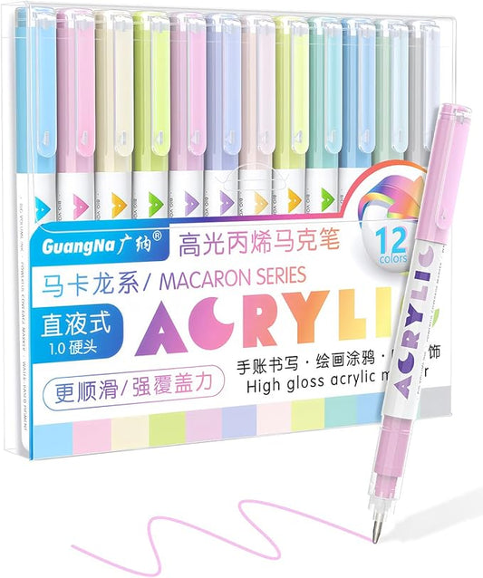 Guangna Macaron Pastel Acrylic Gel Pens 12 Color, Fine Tip 1.0mm Colored Pens for Journaling, Black Paper, Adult Coloring Books, Calligraphy, Note Taking & DIY Crafts, RollerBall Pen Tip