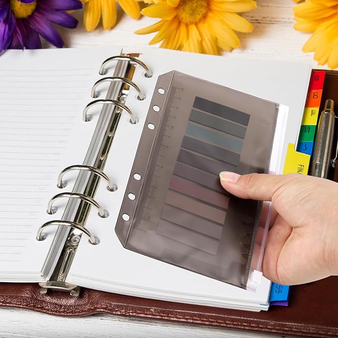 24 Pcs Binder Pocket A6 Size Binder Pockets 6 Holes Budget Cash Envelopes Waterproof PVC Document Pouch Filing Bags(Black)