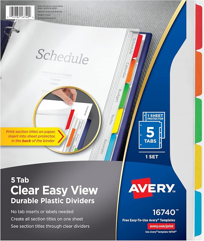 Avery Clear Easy View Durable Plastic Dividers for 3 Ring Binders, 5-Tab Set, Bright Multicolor, 1 Set (16740)