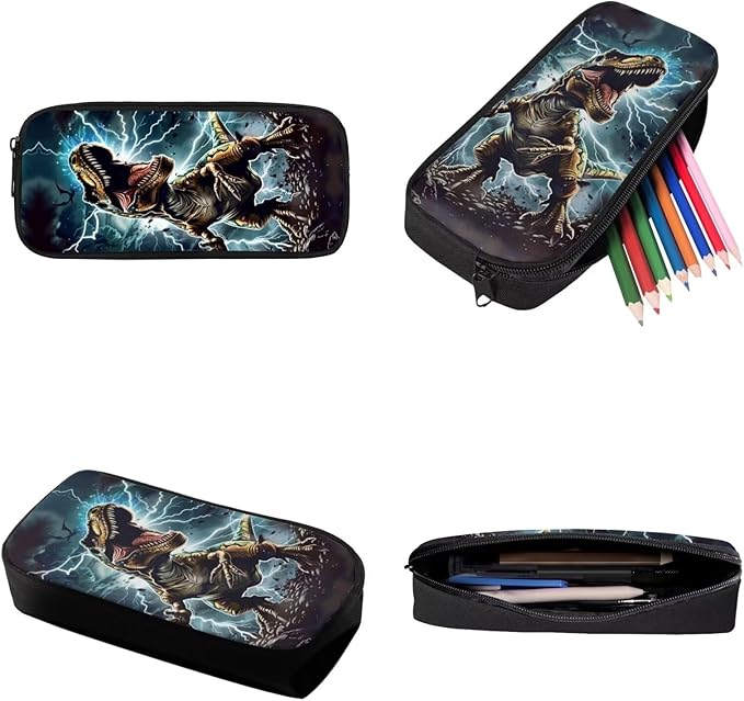 3D Dinosaur Kids Backpack Set of 3, Lightweight School Backpacks for Boys Elementary Middle High School with Insulated Lunch Bag Kawaii Cute Pencil Case, Blue and Brown