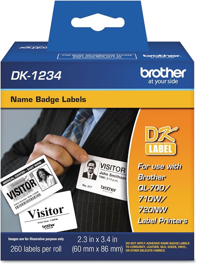 Brother Genuine DK-1234 Die-Cut Adhesive Name Badge White Paper Labels for Brother QL Label Printers, 2.3" x 3.4" (60mm x 86mm), 260 Labels per Roll, DK1234