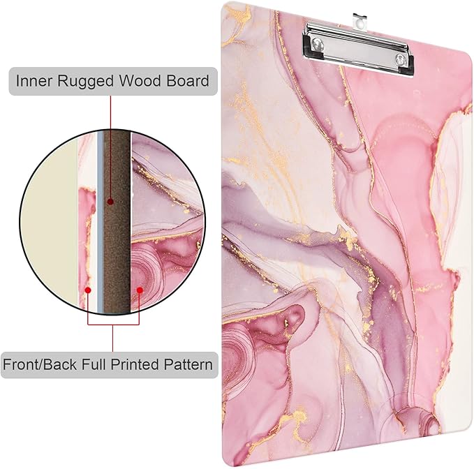 Fashion Clipboard, A4 Letter Size Wooden Decorative Clipboards for Teacher, Nurse, Doctor,Student and Kids, Cute Design for Standard Size 12.2" x 8.9" (C-Marble Pink)