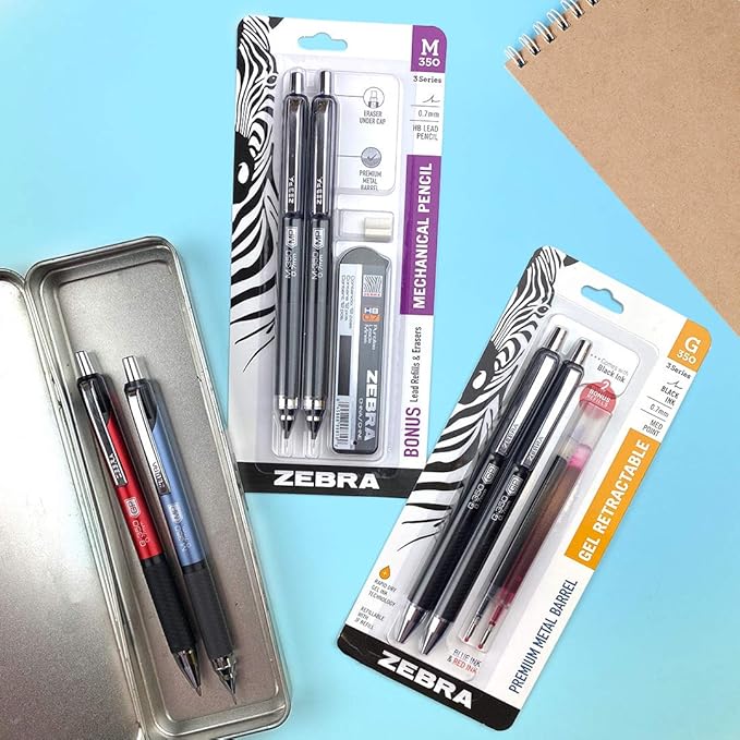 Zebra Pen M-350 Mechanical Pencil, Space Black Premium Metal Barrel, Medium Point, 0.7mm, 2-Pack with Lead and Eraser Refills