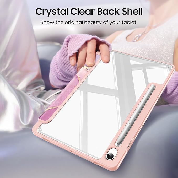 Fintie Hybrid Slim Case for Samsung Galaxy Tab S10 Lite/ S10 FE/ S9 FE 10.9 Inch/Tab S9 11 Inch with S Pen Holder, Shockproof Cover with Clear Transparent Back Shell, Auto Wake/Sleep, Dreamy Marble