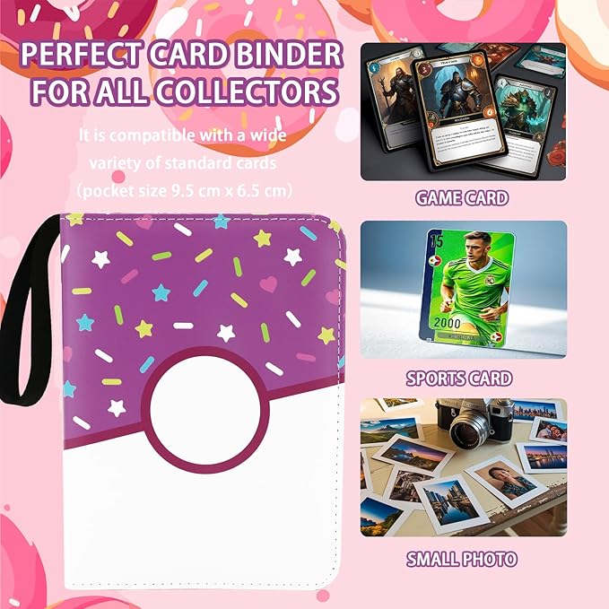 4 Pocket Card Binder 400 Card Holder Album, Pink Donut Trading Cards Holder Zipper Binder for Girl Teen Collection (Purple Donut, 400 Pocket)