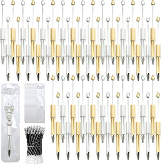 300 Pieces DIY Beadable Pen Kit – 100 Plastic Ballpoint Pens with Refills & Bags – School Supplies, Office Accessories & Decorative Items for Students & Teachers (Silver and Gold)