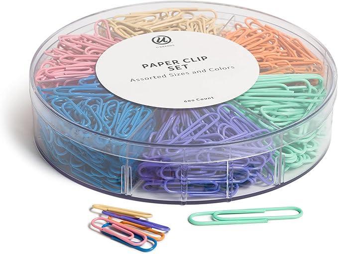 U Brands Paper Clips Set, Office Supplies, Assorted Sizes, Assorted Colors, 600 Count