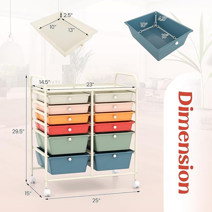 COSTWAY 12-Drawer Rolling Storage Cart, Moveable Art Craft Organizer W/Lockable Wheels, Metal Shelf, Files Arrangement Tools Makeup Storage Cart for Office, Home, School, Macaron