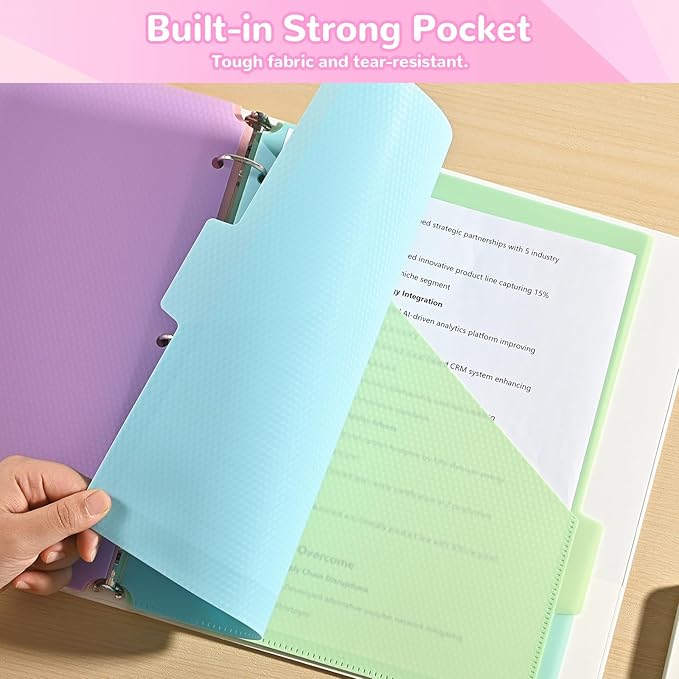 SUIN 5-Tab Binder Dividers with Pockets - Heavy Duty Plastic Dividers for 3 Ring Binder, Letter Size Poly Page Separators with Tabs & Label Stickers, Diamond Texture, 5 Pastel Colors, 1-Pack