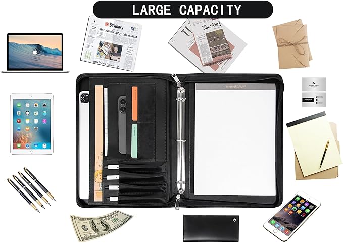 AZXCG Zipper Portfolio Padfolio Binder,3-Ring Padfolio for Women and Men,A4/Letter Size, PU Leather with iPad,Professional Organizer for Resume/Interview